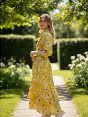 Banana Republic Yellow Floral Button Front  Dress